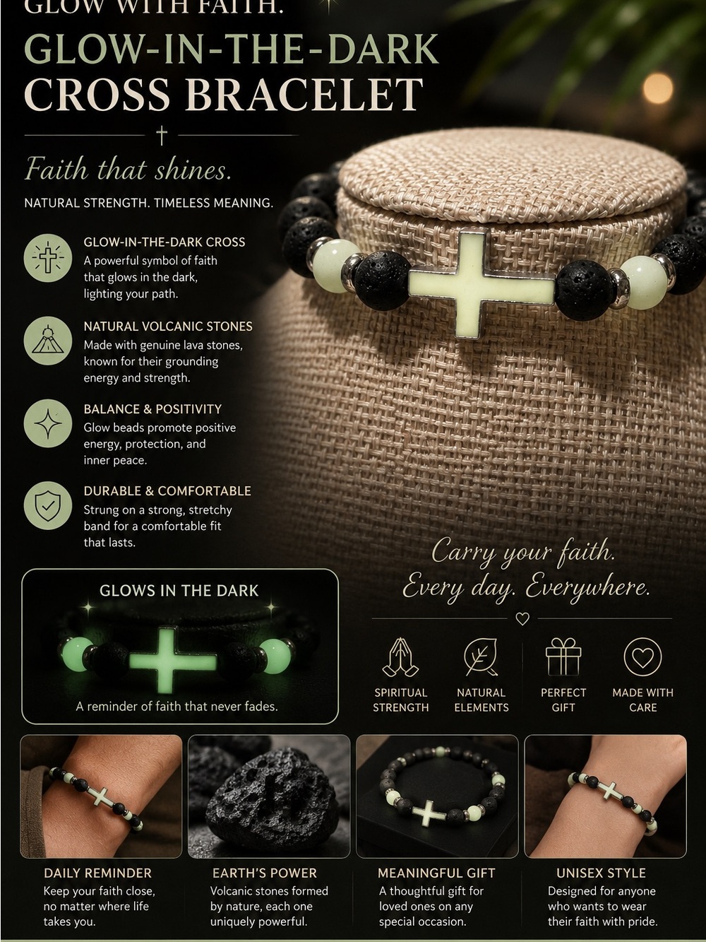 Glow-in-the-Dark Cross Beaded Bracelet for Men - Black and Pale Green
